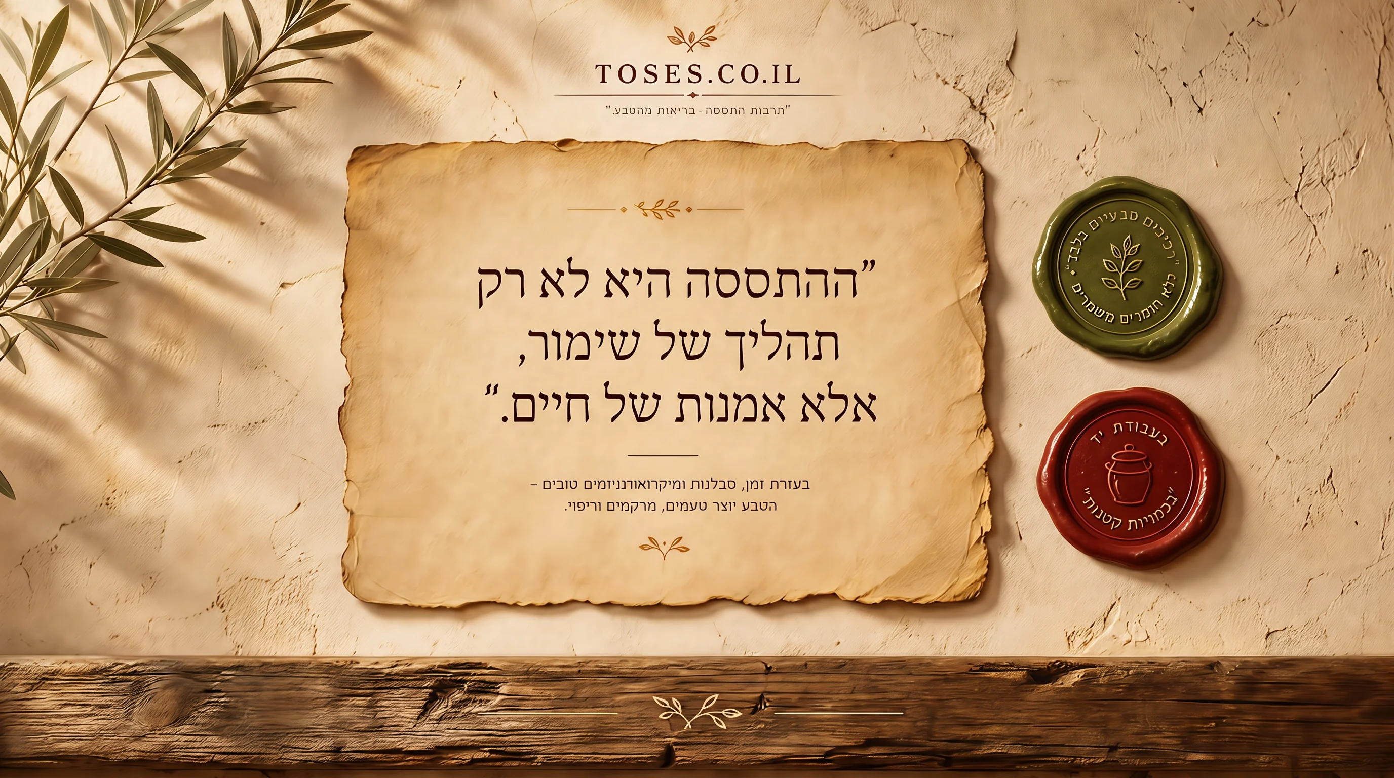 פוסטר עם לוגו TOSES.CO.IL, כרטיס נייר עתיק עם ציטוט הפילוסופיה, חותמי שעווה ירוק ואדום, ענף זית, ומדף עץ